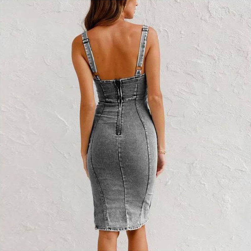 The U-Neck Denim Midi Dress with Slit