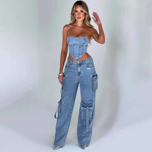 The Denim Tube Top & Cargo Jean Set