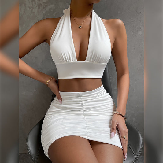 The Halter Lace-Up Crop Top & Ruched Mini Skirt Set